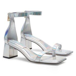 Good American Silver Block Heel Square Toe Sandals in Silver 7.5‎